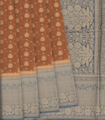 Brown Woven Banarasi Blended Cotton Saree With Floral Motifs & Grey Border-Brown