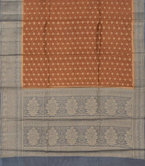 Brown Woven Banarasi Blended Cotton Saree With Floral Motifs & Grey Border-Brown