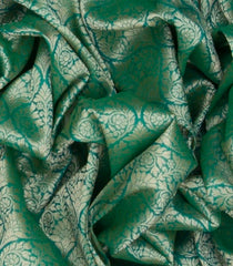 Green Woven Banarasi Blended Satin Saree With Floral Motifs & Cyan Border-Green