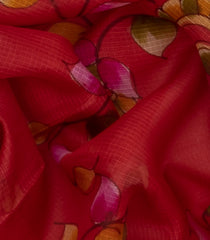 Red Woven Kota Silk Saree With Hand Painted Floral Motifs-Red