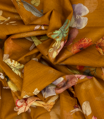 Oil Mustard Woven Blended Kota Silk Saree With Printed Floral Motifs-OIL MUSTARD