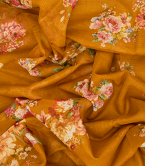 Turmeric Yellow Woven Blended Kota Silk Saree With Printed Floral Motifs-Turmeric Yellow