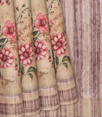 Beige Blended Dupion Saree Printed With Floral Motifs-Beige