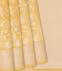 Yellow Woven Kora Saree With Embroidered Floral Motifs-Yellow