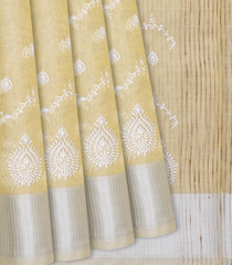 Sandal Blended Linen Saree With Floral Embroidery Motifs-Sandal