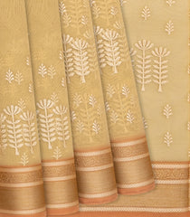 Beige Woven Blended Organza Saree With Floral Motifs-Beige