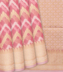 Peach Blended Organza Saree With Floral Chevron Motifs-Peach