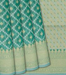 Turquoise Blended Banarasi Cotton Saree With Floral Jaal Motifs-Turquoise