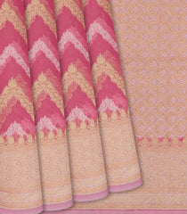 Pink Blended Banarasi Cotton Saree With Floral Chevron Motifs-Pink