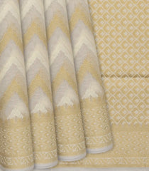 Taupe Blended Banarasi Cotton Saree With Floral Chevron Motifs-Taupe