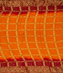 Orange & Crimson Woven Blended Bandhej Saree With Checks-Orange