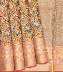 Peach Woven Blended Dupion Saree With Printed Floral Motifs-Peach