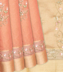 Peach Tissue Embroidered Saree With Floral Motifs-Peach