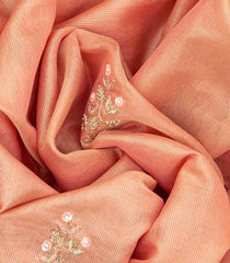 Peach Tissue Embroidered Saree With Floral Motifs-Peach