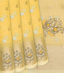 Yellow Tissue Embroidered Saree With Floral Motifs-Yellow