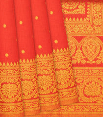 Red Woven Blended Dupion Saree With Coin Motifs-Red