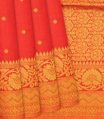 Red Woven Blended Dupion Saree With Kamalam Motifs-Red