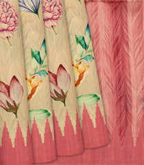 Beige Woven Art Linen Saree Printed With Floral Motifs & Pink Border-Beige