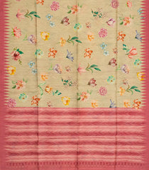 Beige Woven Art Linen Saree Printed With Floral Motifs & Pink Border-Beige