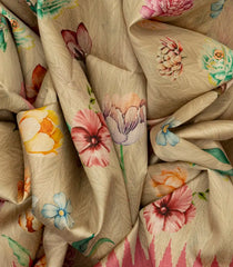 Beige Woven Art Linen Saree Printed With Floral Motifs & Pink Border-Beige