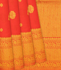 Red Woven Blended Dupion Saree With Flower Motifs-Red