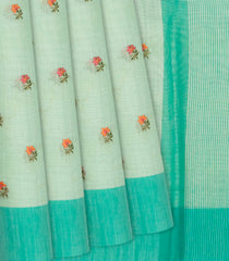 Turquoise Woven Blended Linen Saree With Embroidered Floral Motifs-Turquoise