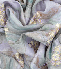 Lilac Woven Blended Printed Linen Saree With Embroidered Floral Motifs -Lilac