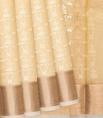 Beige Woven Blended Cotton Saree With Contrast Border-Beige