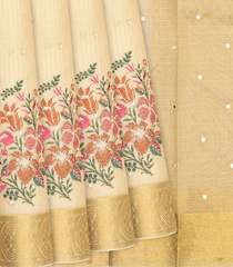 Beige Woven Blended Cotton Saree With Embroidered Motifs-Beige