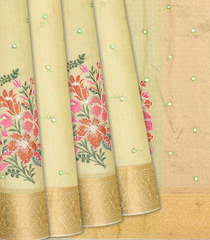 Beige Blended Cotton Saree With Embroidered Floral Motifs-Beige