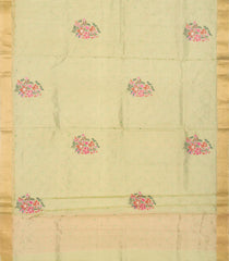 Beige Blended Cotton Saree With Embroidered Floral Motifs-Beige