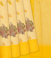 Yellow Woven Blended Linen Saree With Embroidered Floral Motifs-Yellow