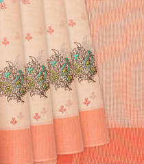 Light Peach Woven Blended Linen Saree With Embroidered Floral Motifs-Light Peach