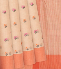 Light Peach Woven Blended Linen Saree With Embroidered Meena Floral Motifs-Light Peach