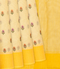 Light Yellow Woven Blended Linen Saree With Embroidered Floral Butta Motifs-Yellow