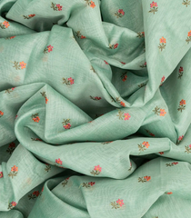 Turquoise Woven Blended Linen Saree With Embroidered Flower Motifs-Turquoise