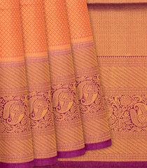 Peach Woven Blended Cotton Saree With Floral Motifs & Contrast Border-Peach