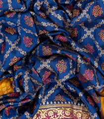 Ink Blue Woven Blended Cotton Saree With Printed Meena Floral Jaal Motifs-Ink Blue