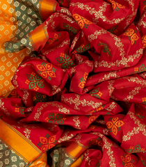 Red Woven Blended Cotton Saree With Printed Meena Floral Jaal Motifs-Red