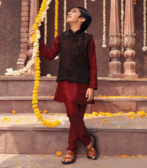 Maroon Sherwani Suit With Nehru Jacket-Maroon