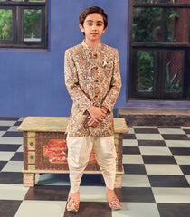 Off - White Printed Sherwani Suit with Dhoti Pants-Off White