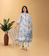 White and Blue Floral Printed 3 piece Kurta Set-RC5601