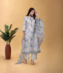 White and Blue Floral Printed 3 piece Kurta Set-RC5601