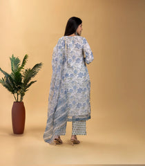 White and Blue Floral Printed 3 piece Kurta Set-RC5601