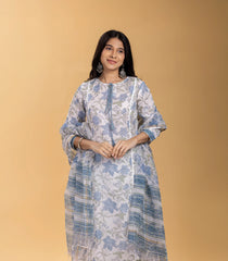 White and Blue Floral Printed 3 piece Kurta Set-RC5601
