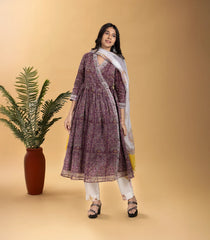Deep Brown Asymmetrical Floral 3 piece Printed Kurta-RC5605