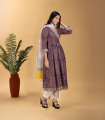 Deep Brown Asymmetrical Floral 3 piece Printed Kurta-RC5605