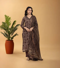 Mocha Brown Ethnic Printed 3 piece Kurta Set-RC5606