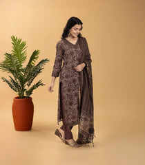 Mocha Brown Ethnic Printed 3 piece Kurta Set-RC5606