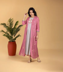 Grey Maxi Dress with Pink Long jacket Set-DR0112